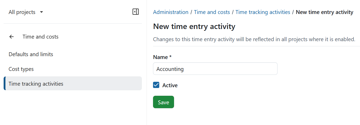 Create new time tracking activity in OpenProject