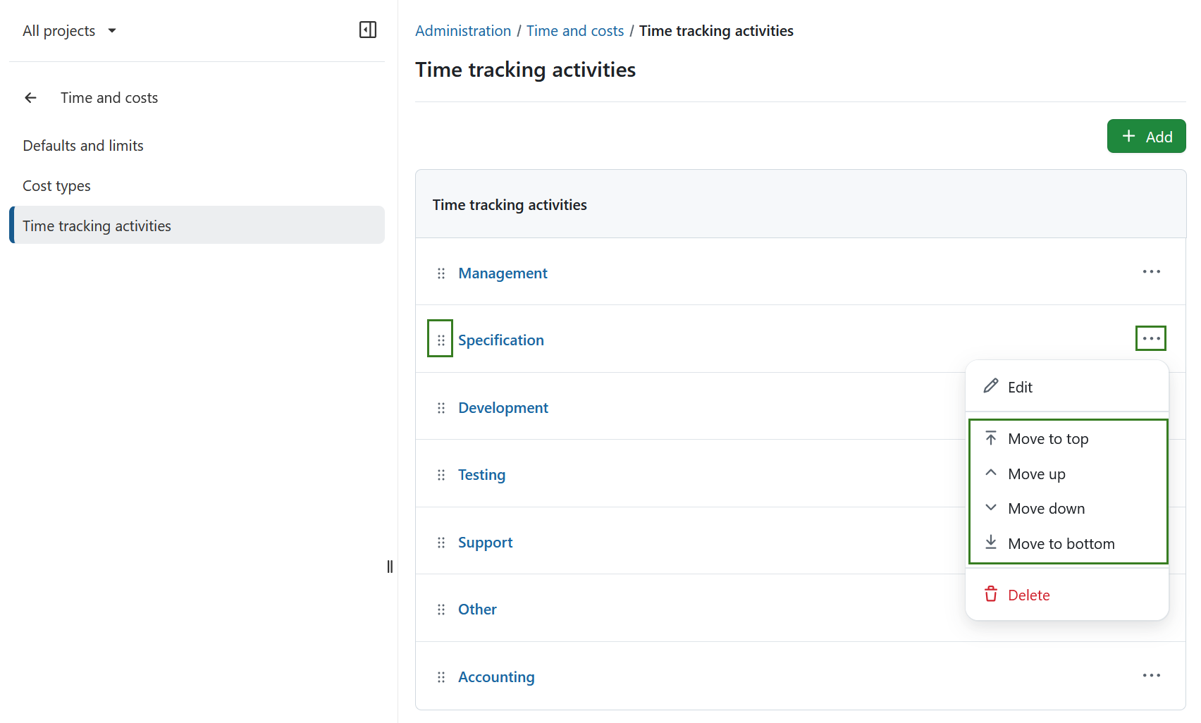 Overview of existing time tracking activities in OpenProject administration