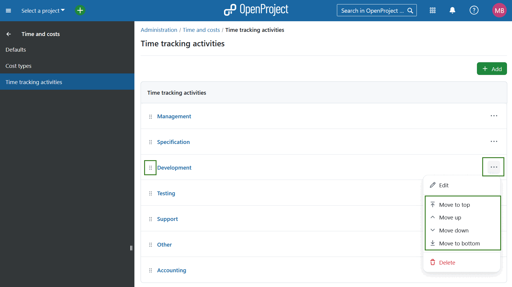 Overview of existing time tracking activities in OpenProject administration