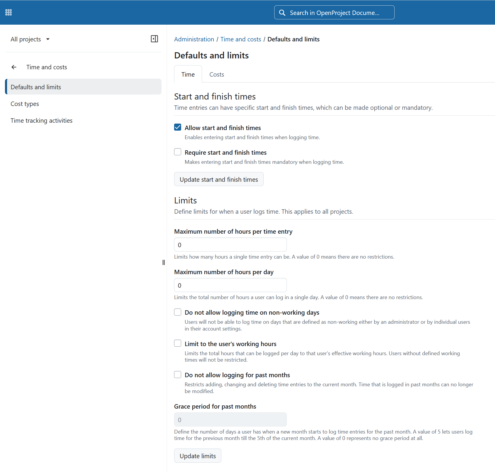 Default settings for time logging in OpenProject administration