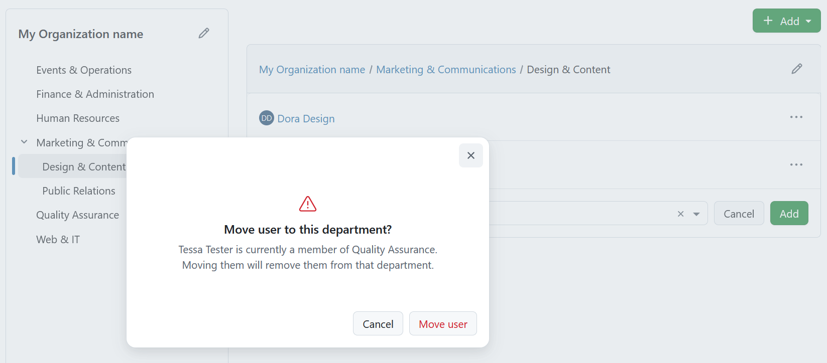 Confirmation message to move a user from one department to another in OpenProject administration