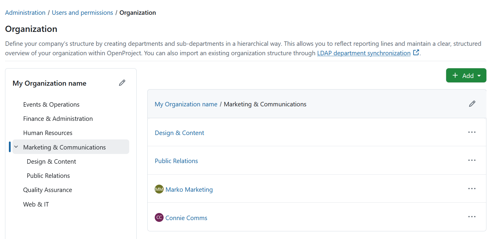 Department in the organization table showing sub-departments and assigned users
