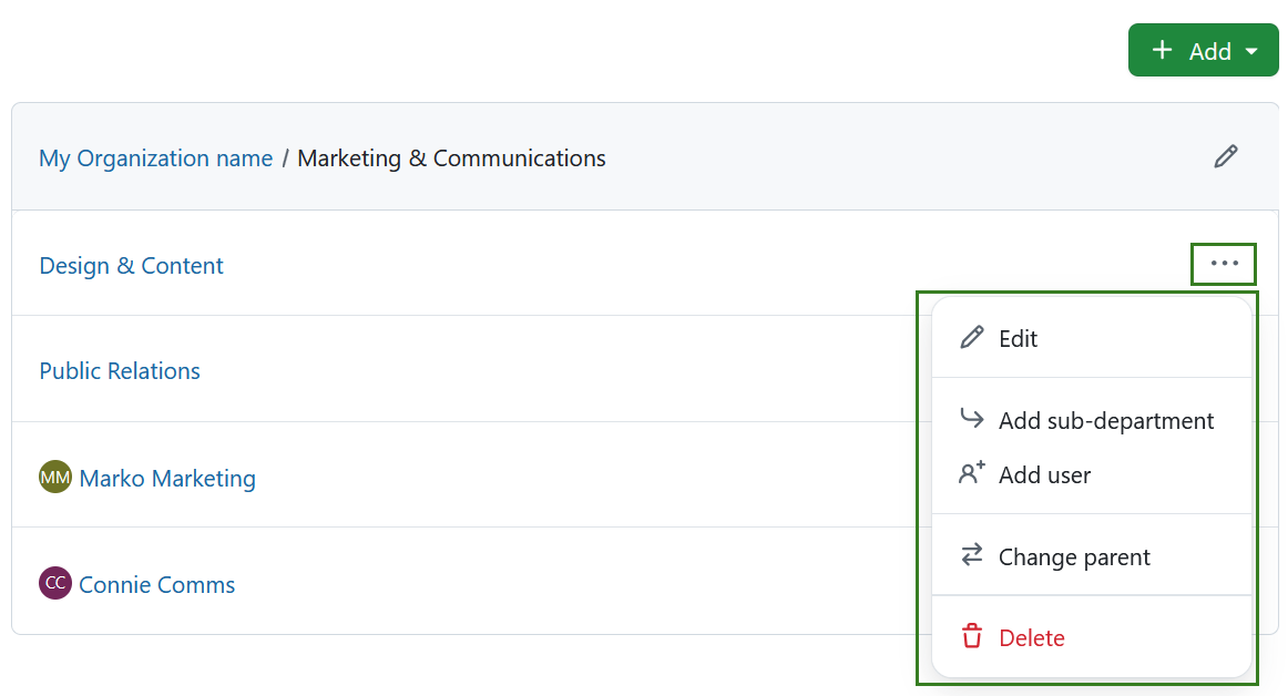 Department actions in the More menu in OpenProject administration