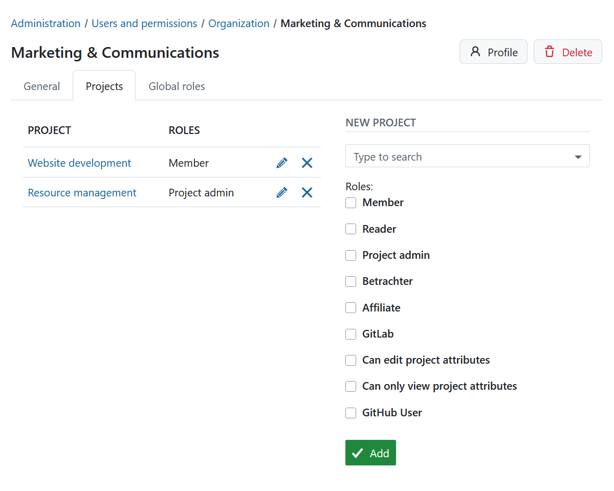 Department details page showing the Projects tab