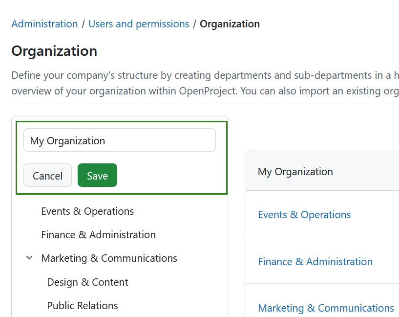 Rename your organization in OpenProject administration