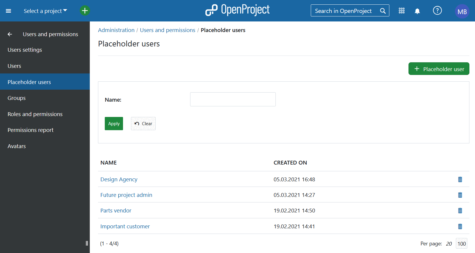 Placeholder users overview in OpenProject