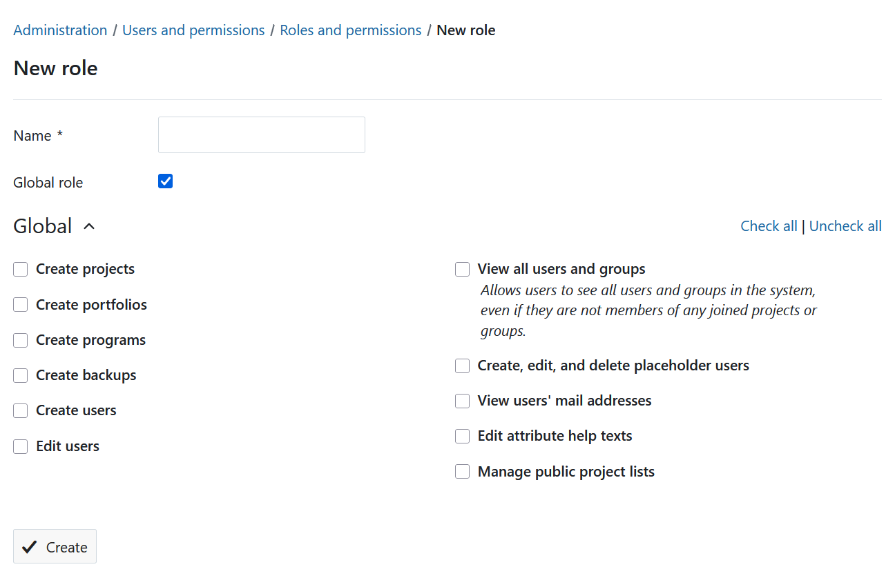 Form to create a global role in OpenProject system administration