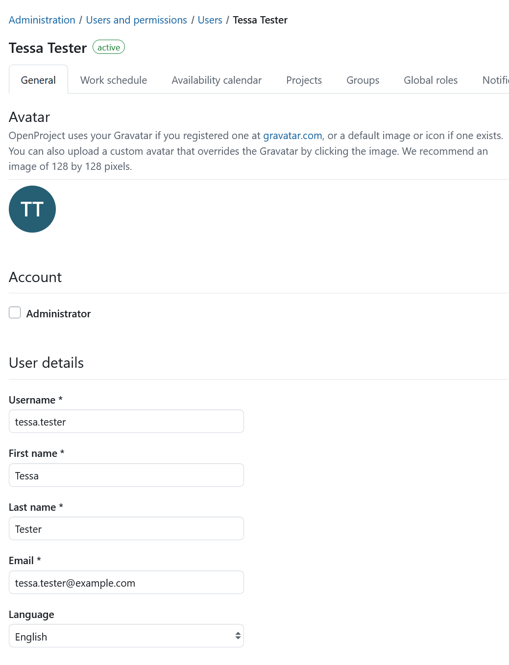Settings to manage a user under OpenProject administration