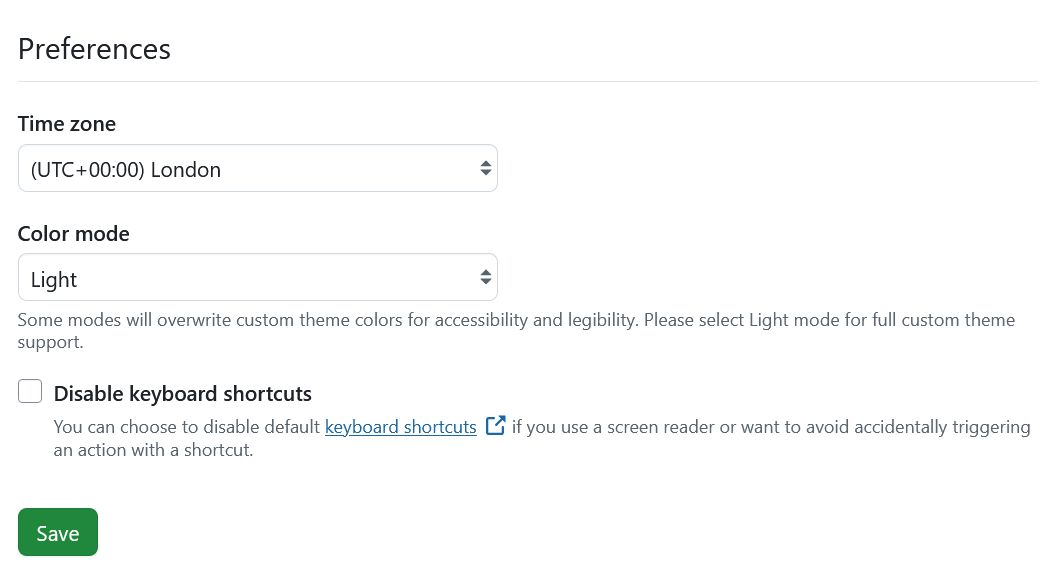 Time zone, color mode and keyboard shortcut preferences settings under user settings in OpenProject administrations