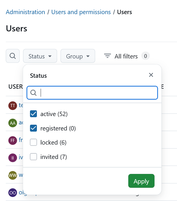 Status filter opened for filtering users list in OpenProject administration