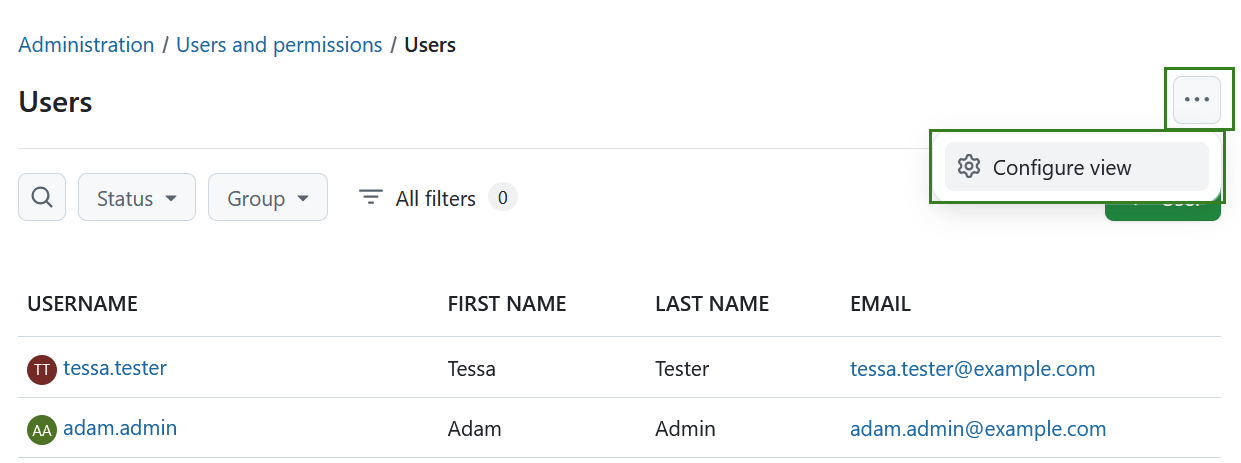 Menu for configure view for the user list in OpenProject administration