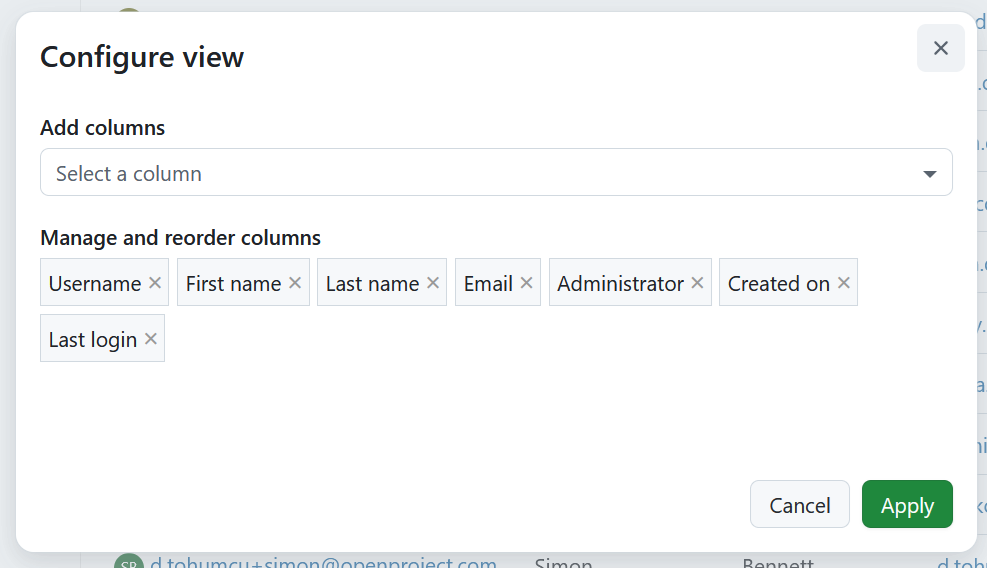 Open form to configure view for the user list in OpenProject administration