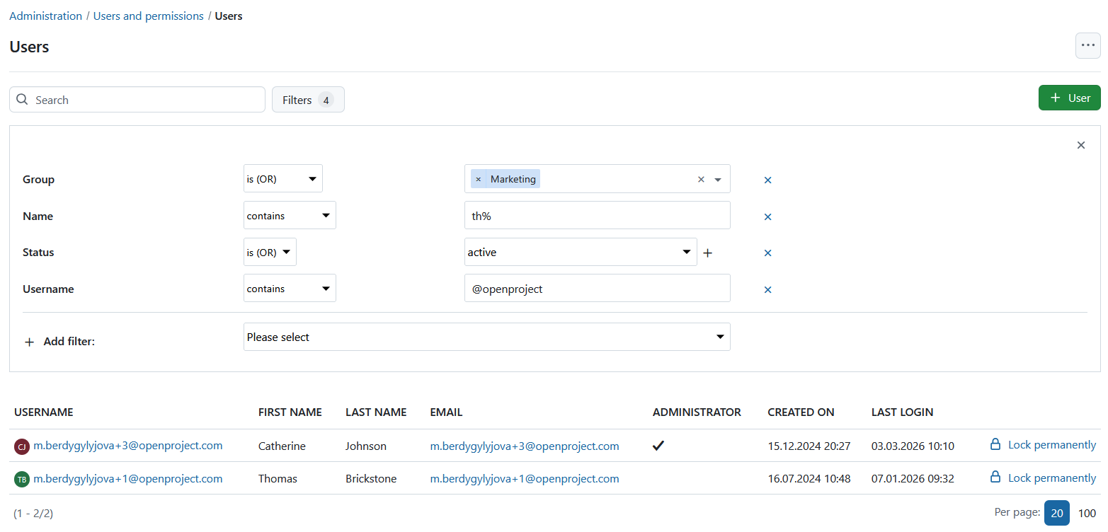 Filters for user list in OpenProject administration