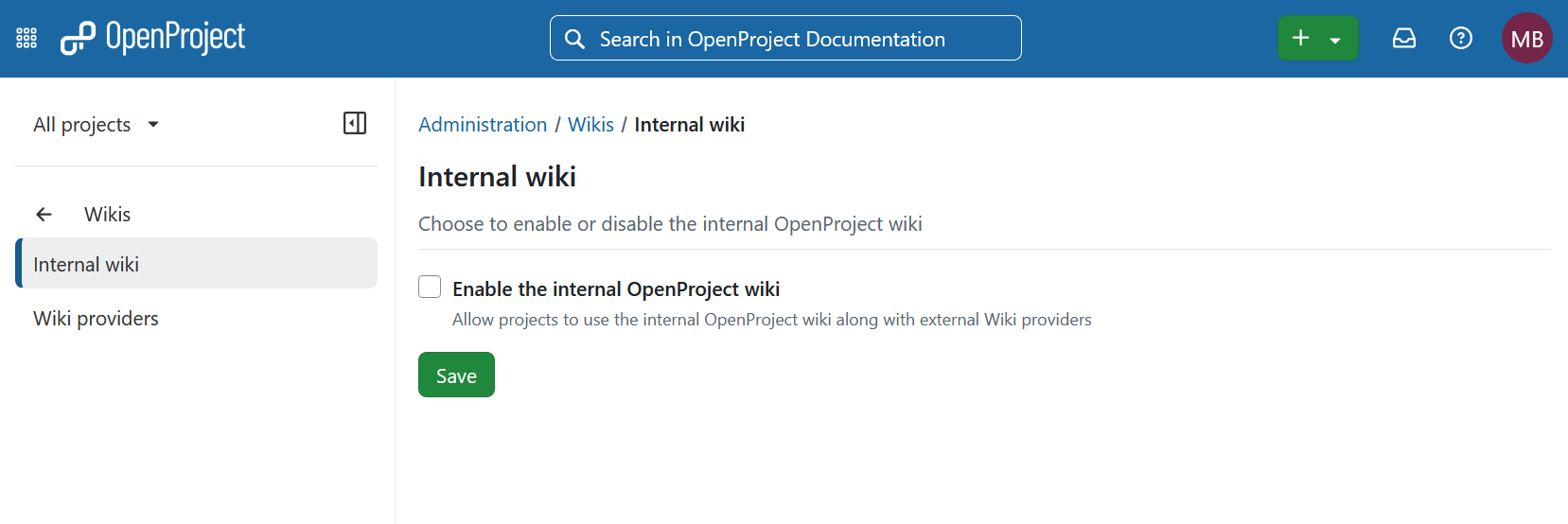 OpenProject administration showing project wikis settings