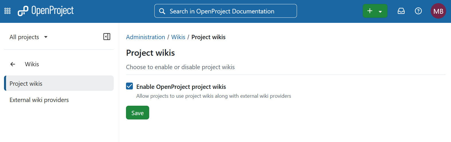 OpenProject administration showing project wikis settings