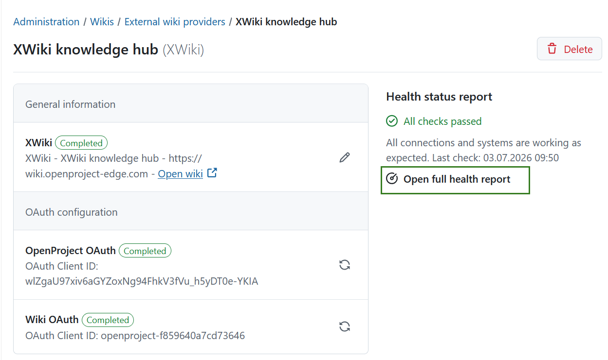 Link to open full health report for a wiki provider in OpenProject administration
