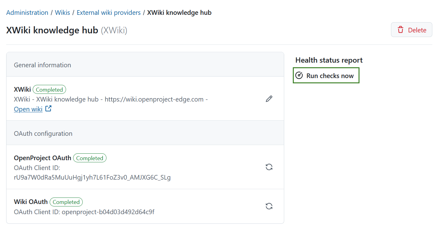 Check connection for a wiki provider in OpenProject administration