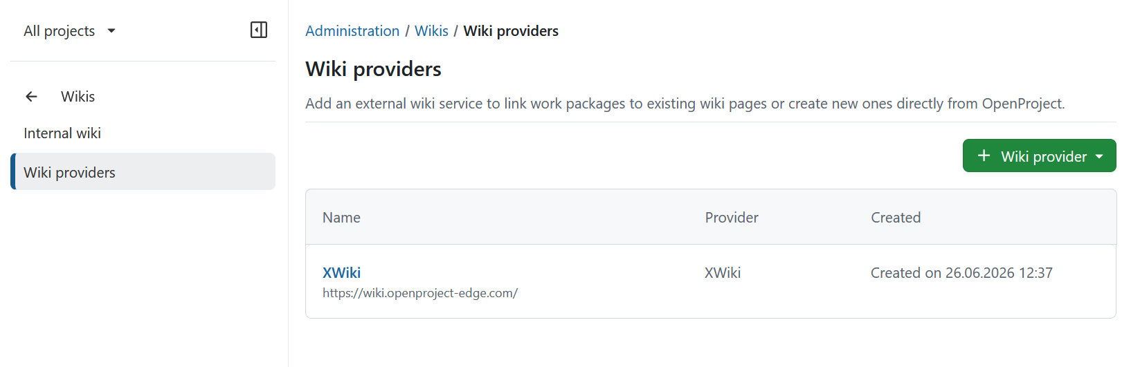 External wiki providers administration page