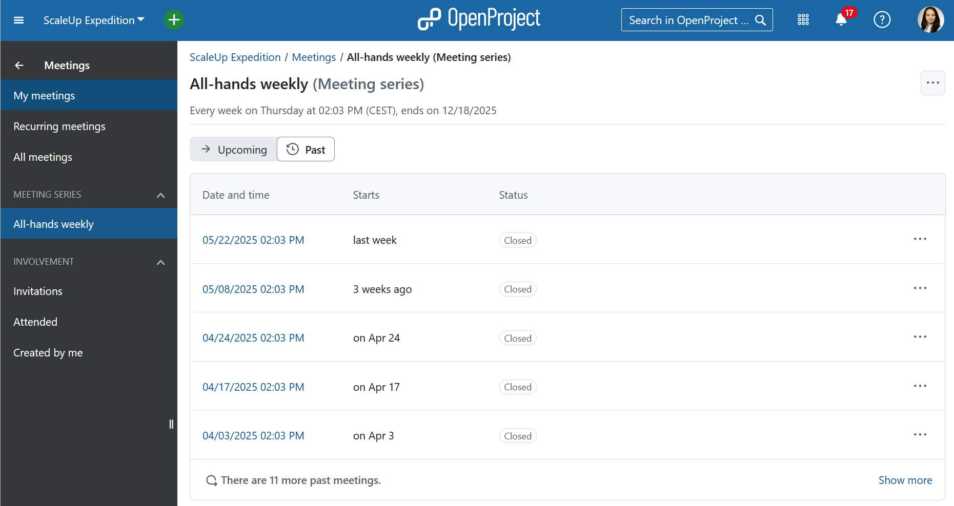 A list of past meetings of a specific meeting series in OpenProject