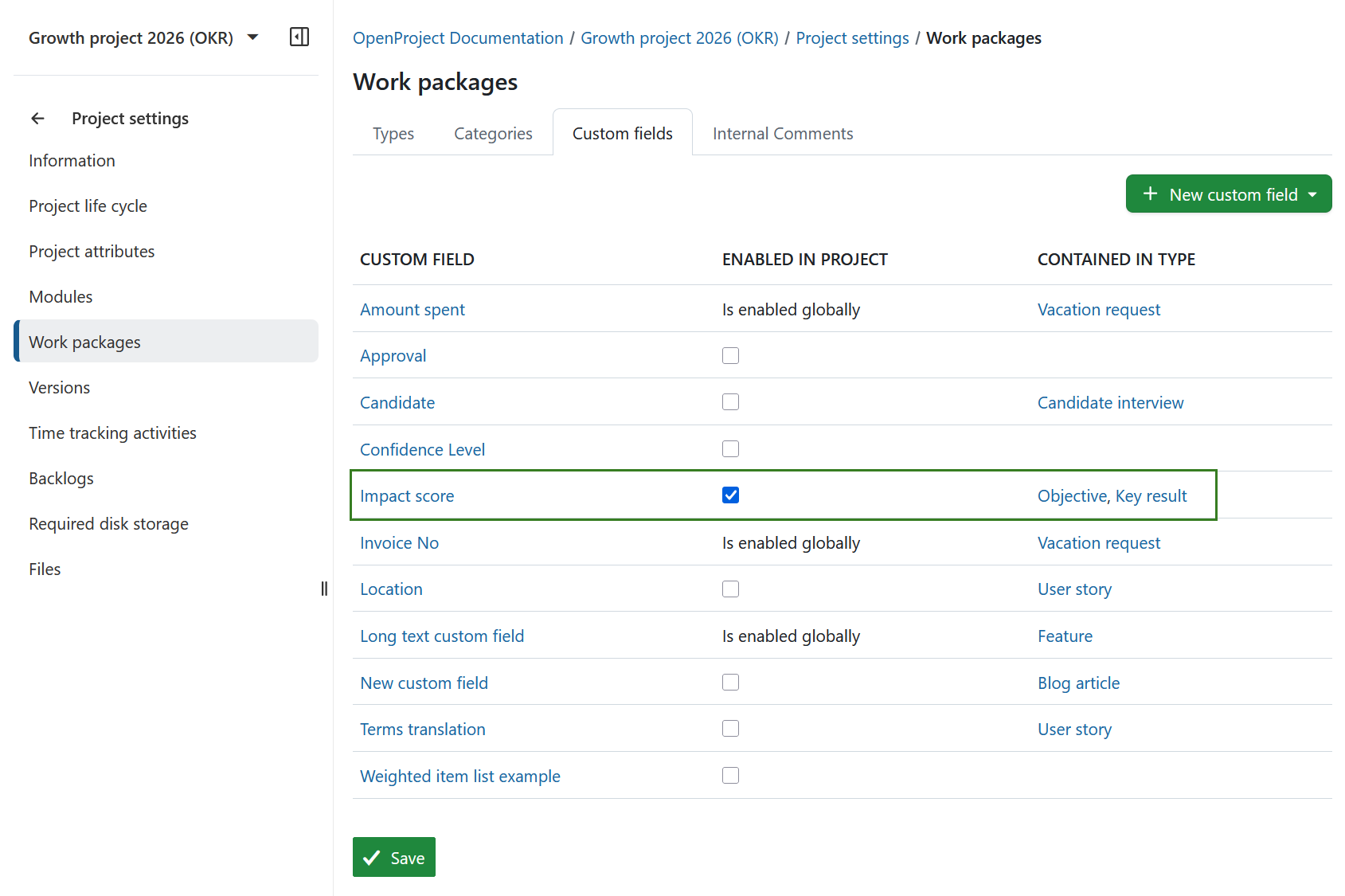 Custom field “impact score” activated for Objectives and Key results work package types in OpenProject OKR project