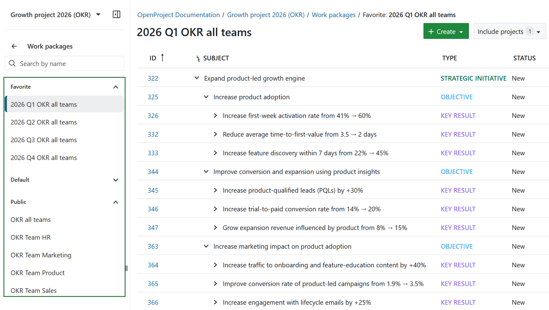 Work package table filters tailored to OKR specific categories in OpenProject