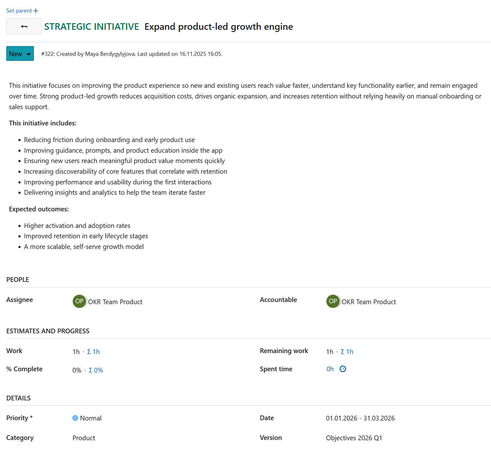 An example of Strategic Initiative in an OKR focused project in OpenProject