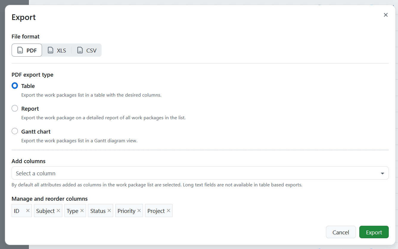 Work package export options in OpenProject
