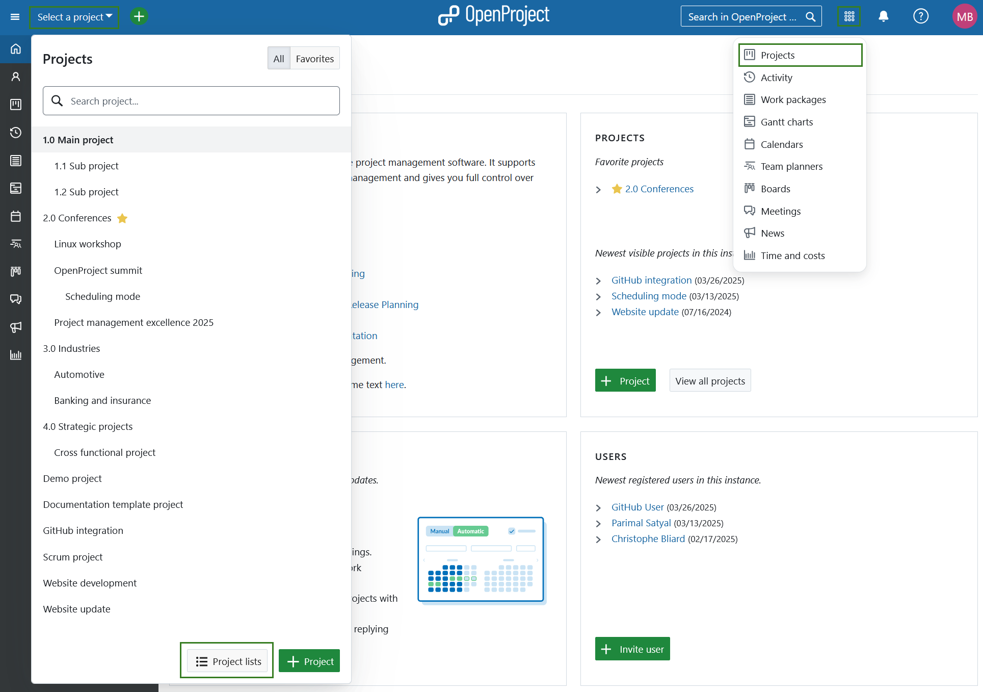 Select a project dropdown menu and a button to open project list in OpenProject