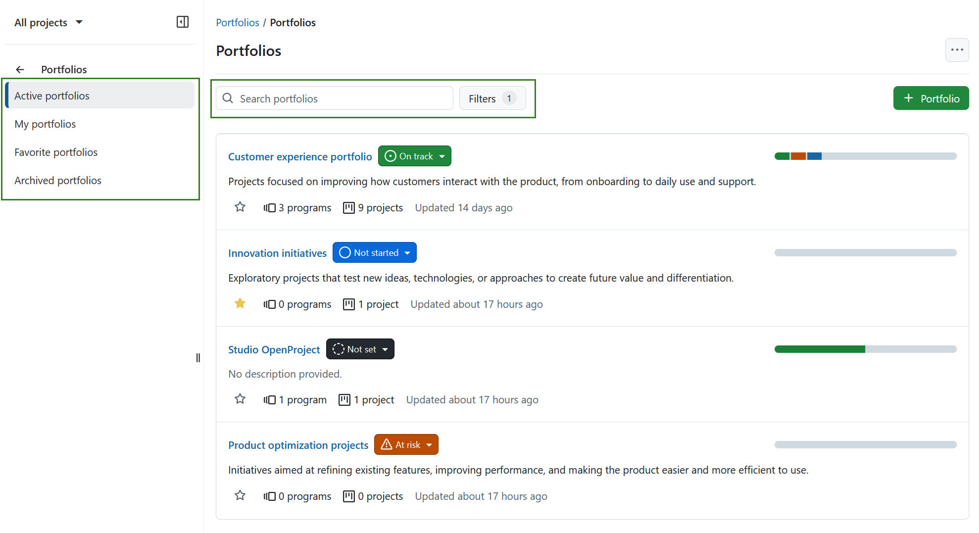 Overview of portfolios in OpenProject