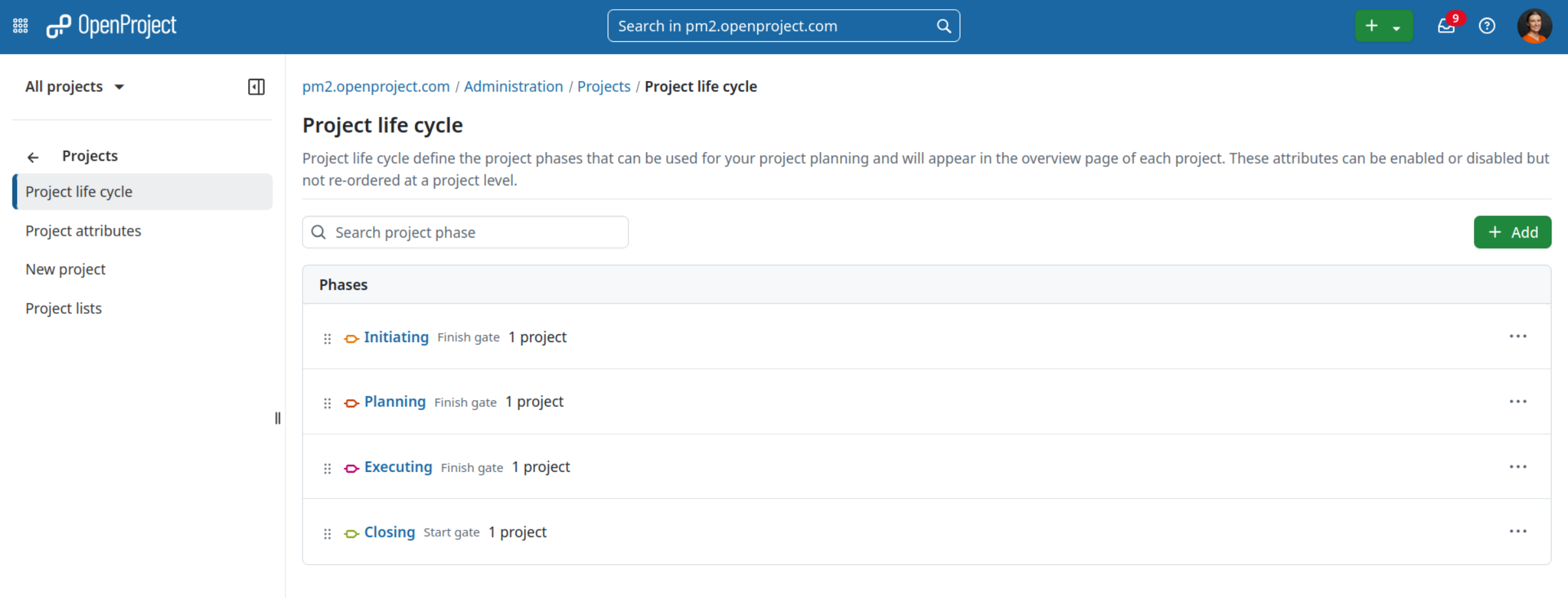 Overview of all project life cycle phases in OpenProject