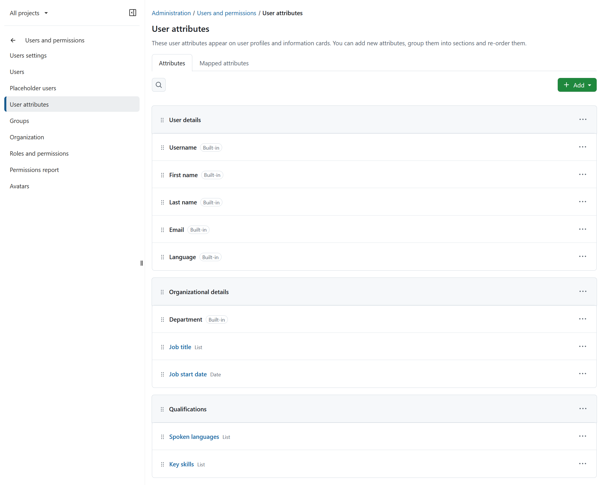 User attributes in OpenProject showing configured skills, languages and job titles