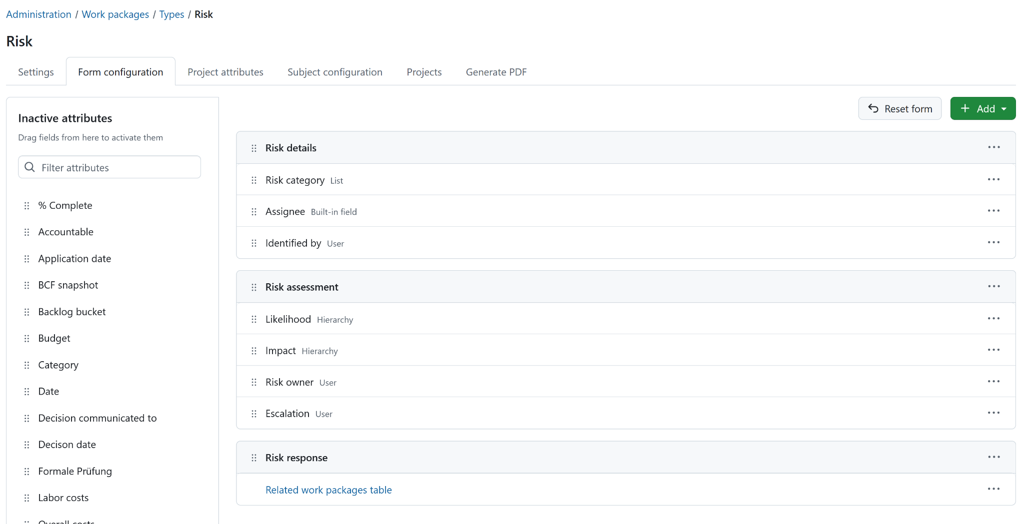 Form configuration for the Risk work package type in OpenProject administration