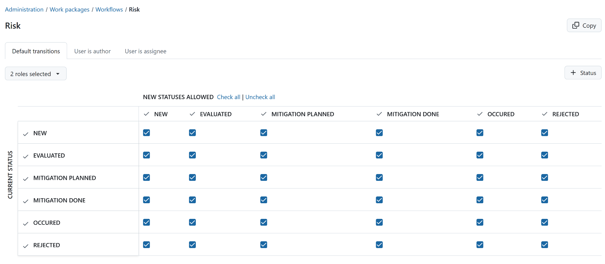 Workflow transition configuration for the Risk work package type in OpenProject administration