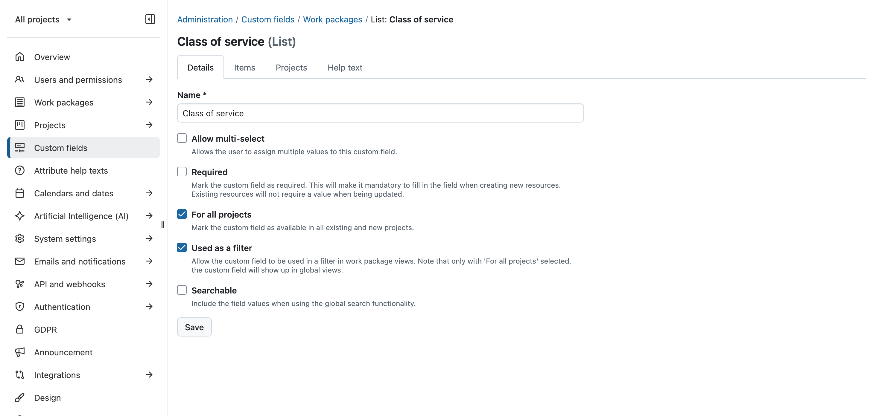 Defining a custom field - Class of service