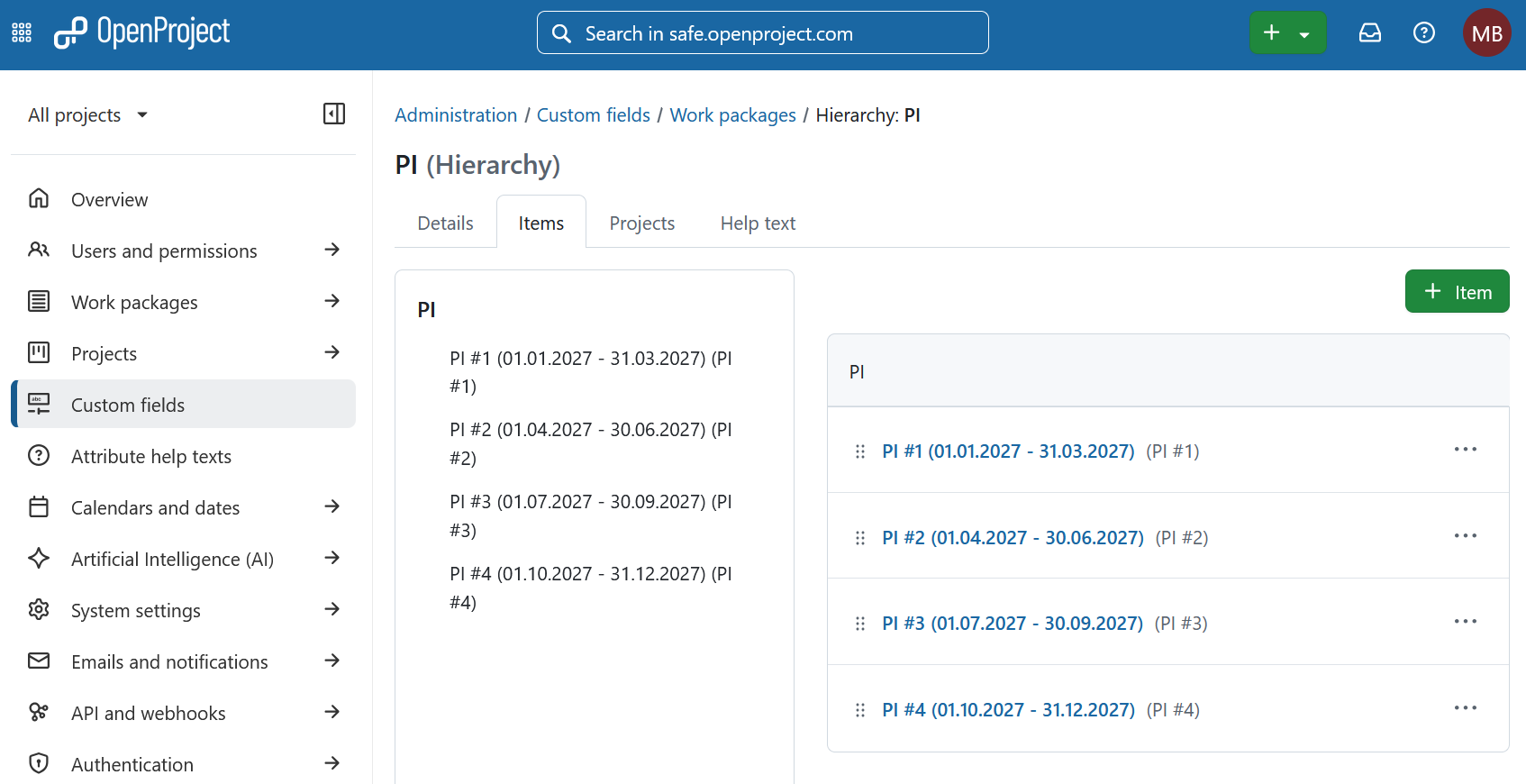 Program Increment custom field of type hierarchy created in OpenProject administration
