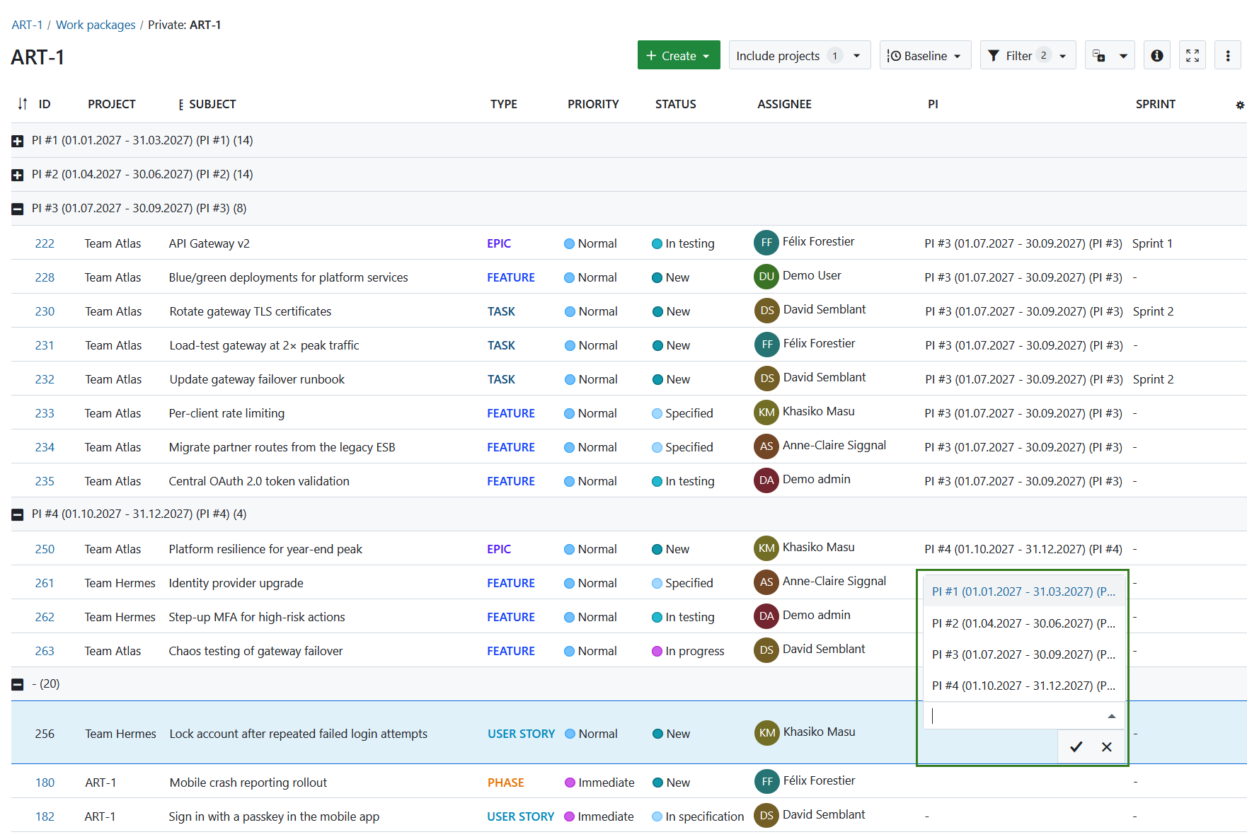 Work package table showing ART-1 scope, including ‘program increment’ column, work packages grouped by Program Increment