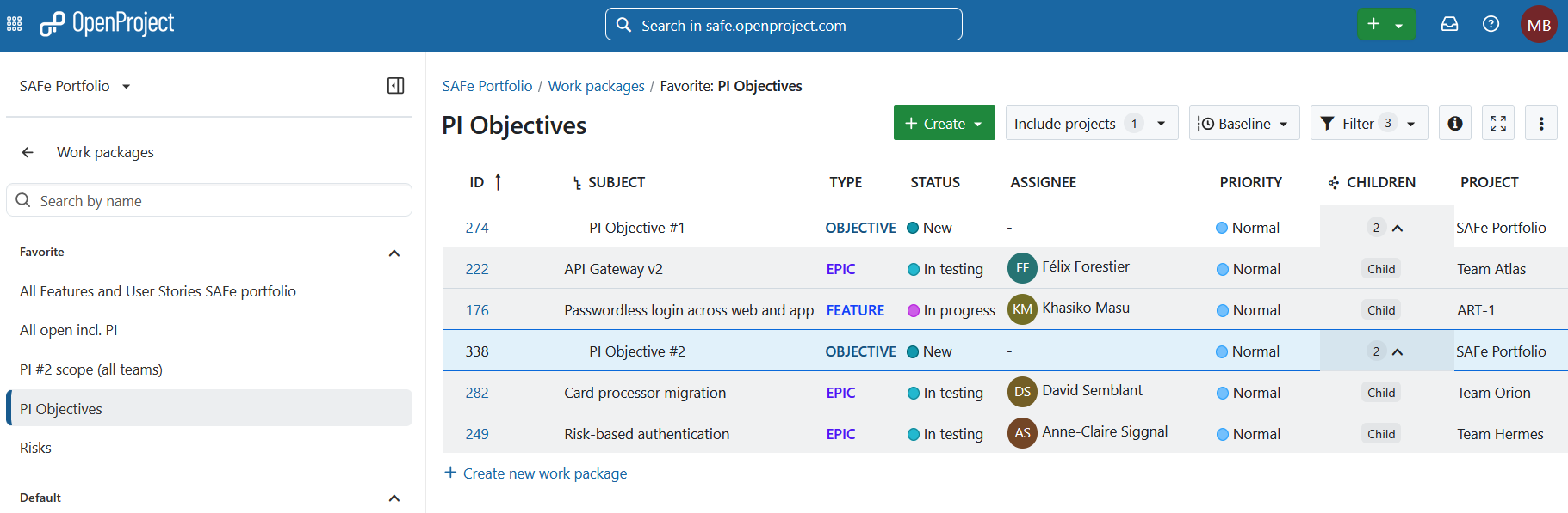 Work package table showing PI Objectives and their related contributing work packages