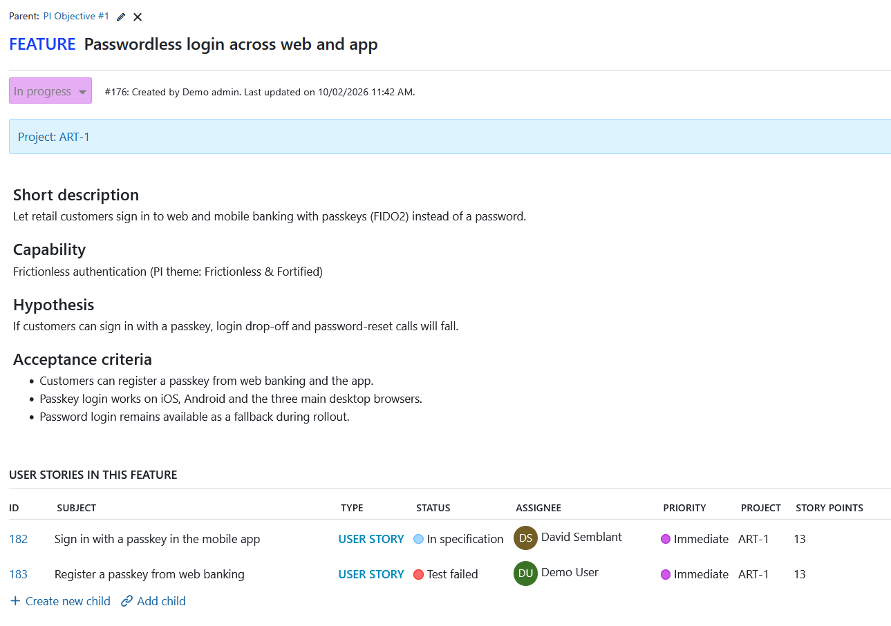 Story points visible for stories in a Feature