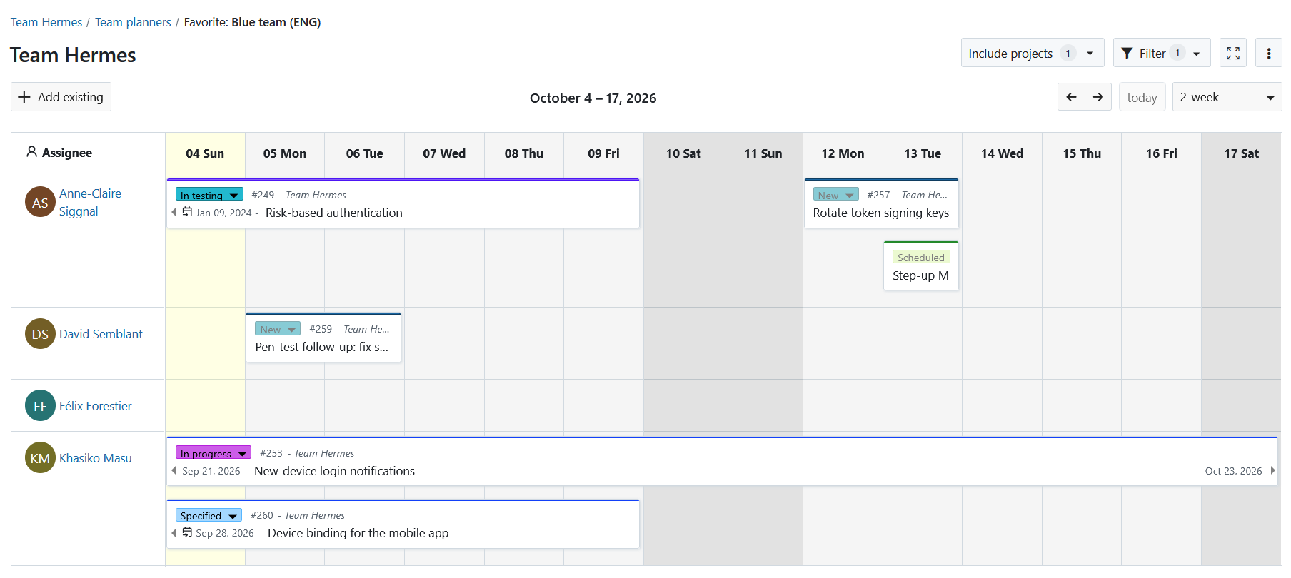 Team planner view configured for one agile team