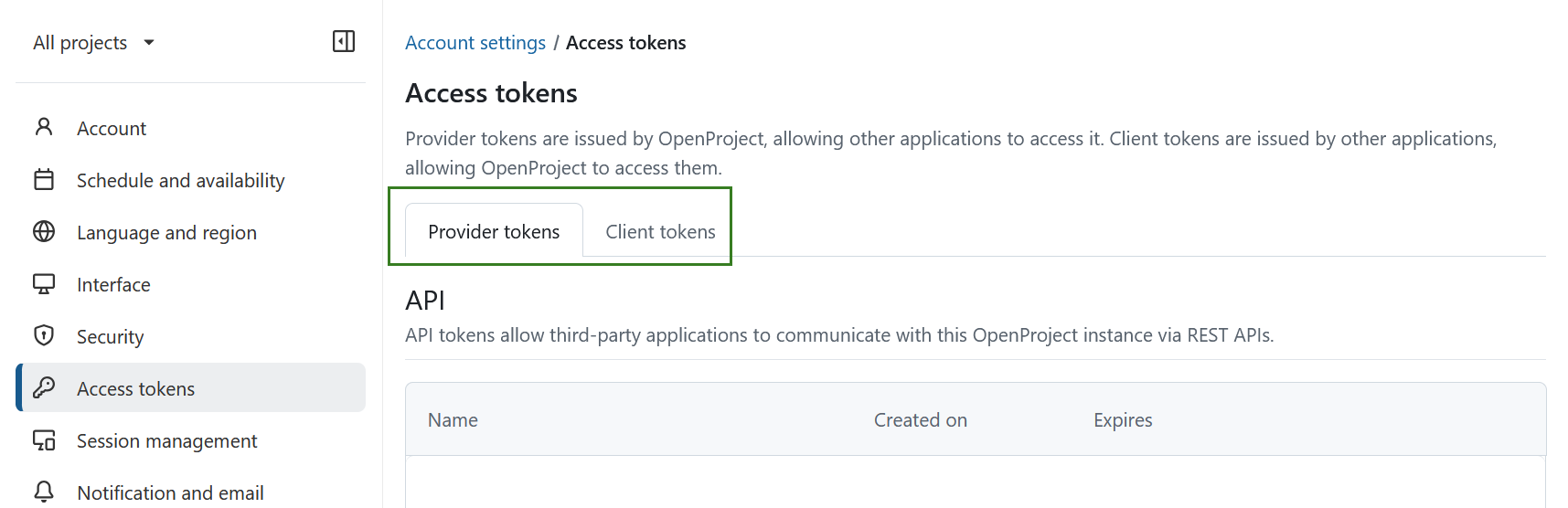 Access tokens overview in OpenProject account settings
