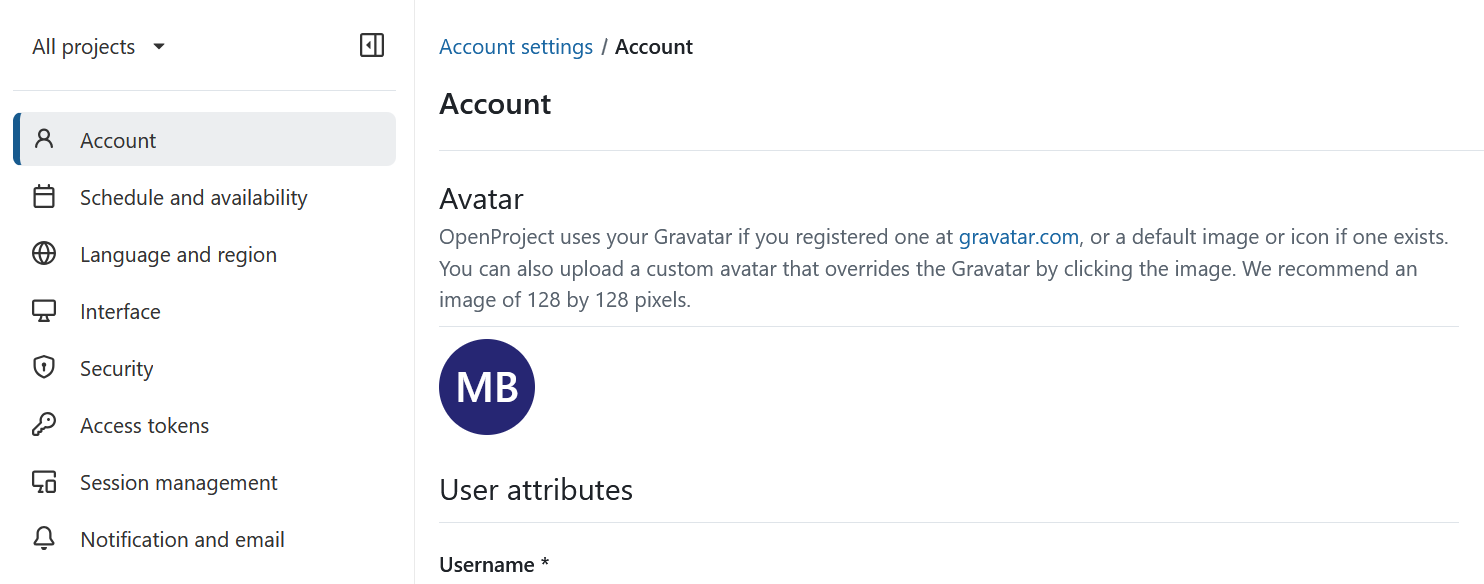 Avatar settings under OpenProject user account settings