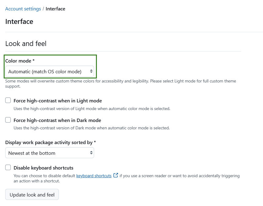 Automatic color mode in OpenProject account settings