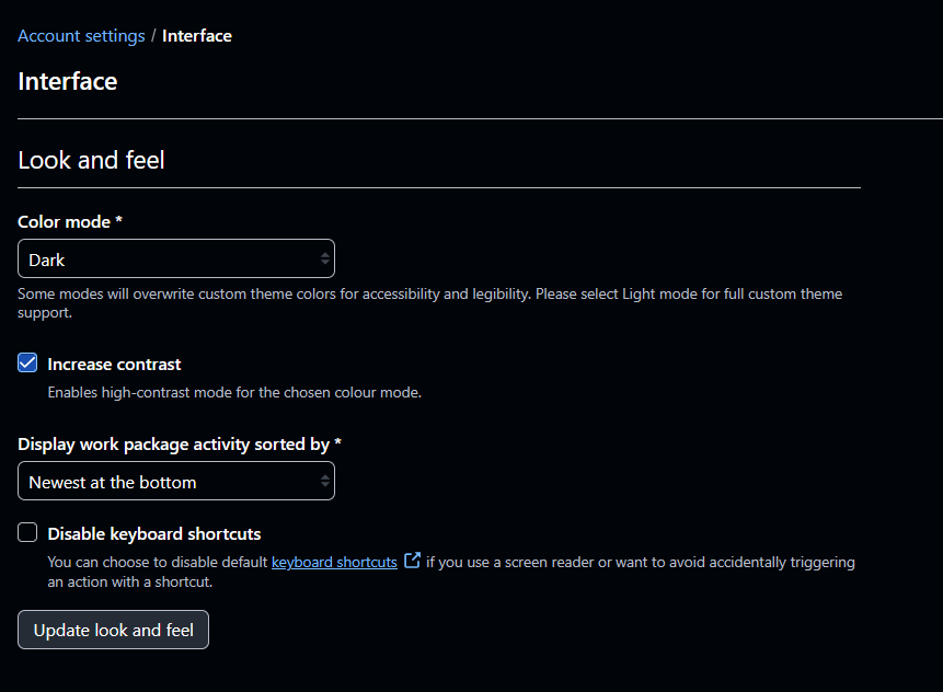 Dark mode in OpenProject account settings