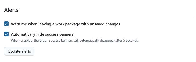 Alerts section under interface settings in OpenProject account settings