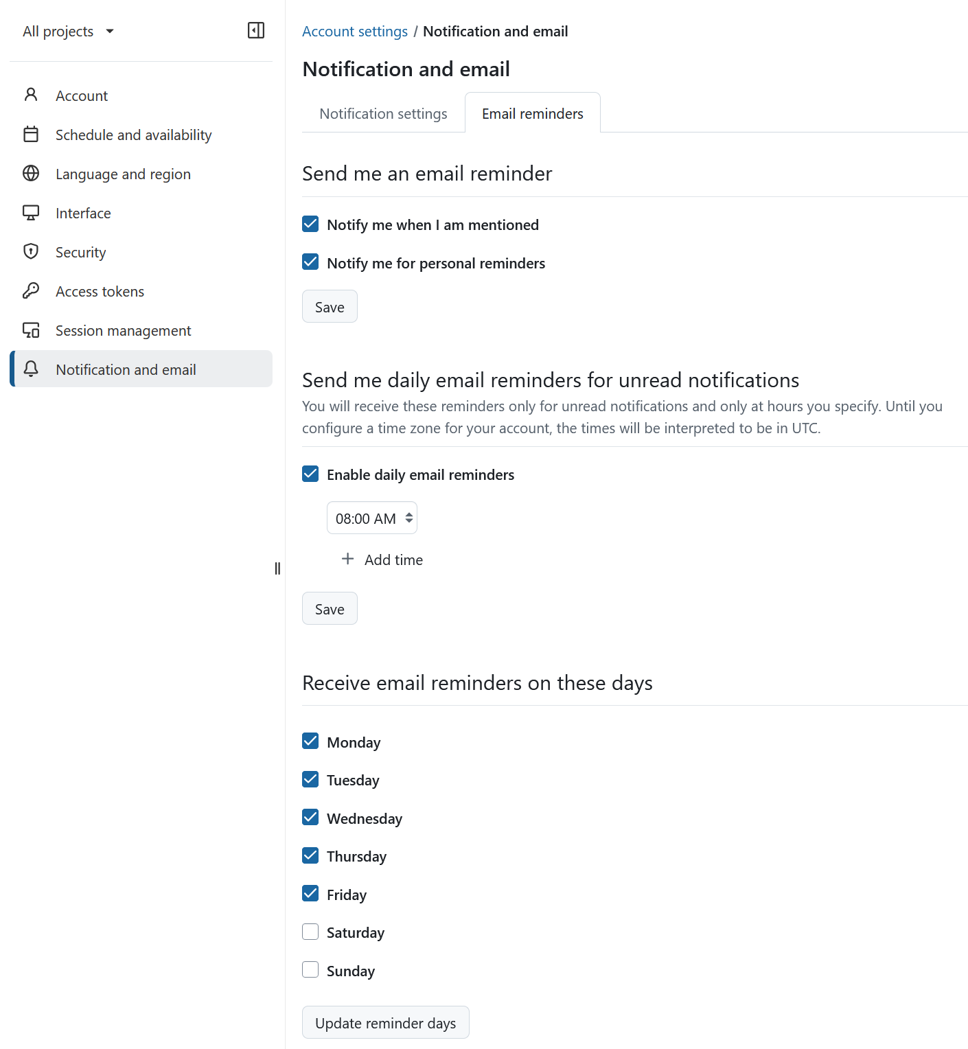 Email reminders section in OpenProject account settings