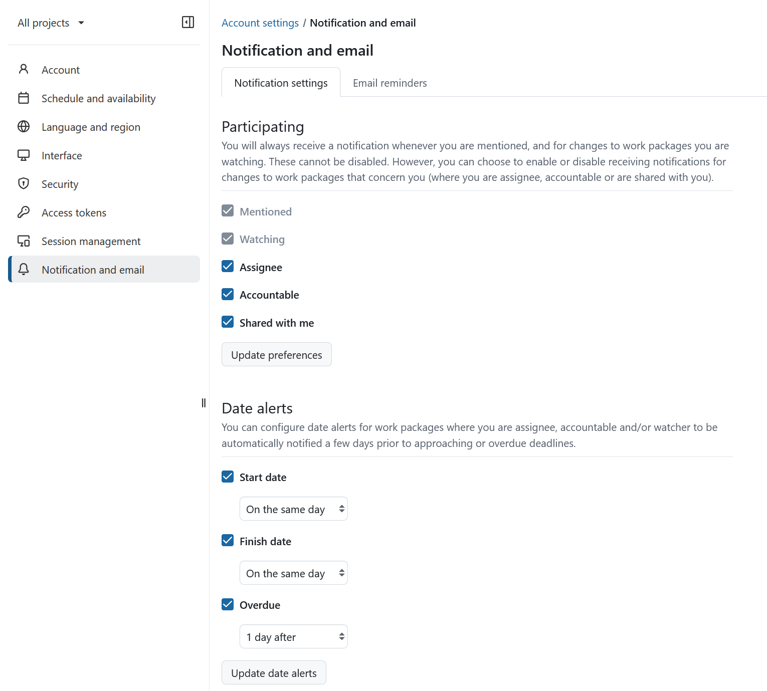 Notification settings in OpenProject account settings