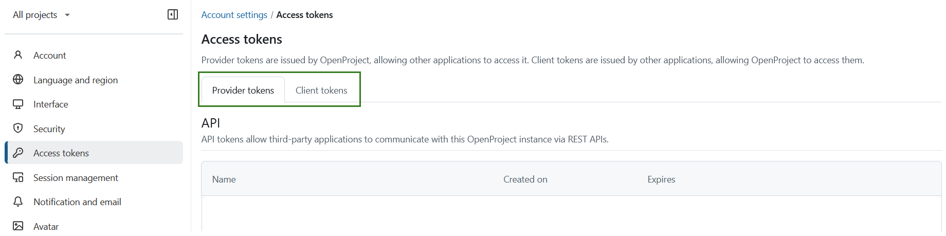 Síntese dos tokens de acesso nas definições da conta OpenProject