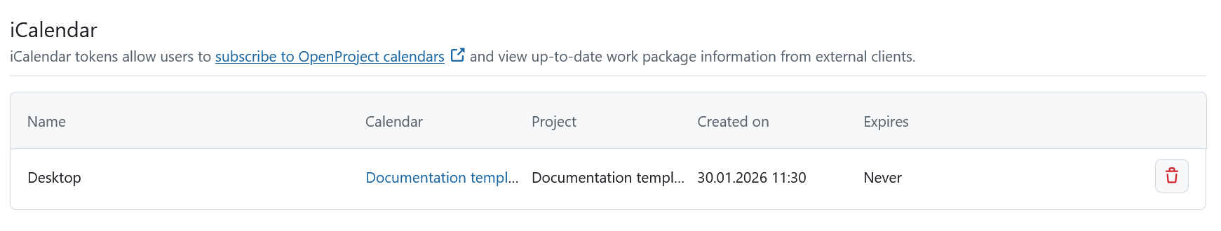 OpenProject-Kalenderliste unter den Kontoeinstellungen mit Kalender-Token