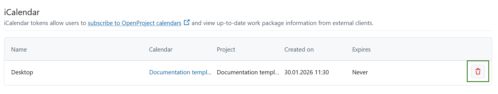 OpenProject Kalender in den Kontoeinstellungen löschen