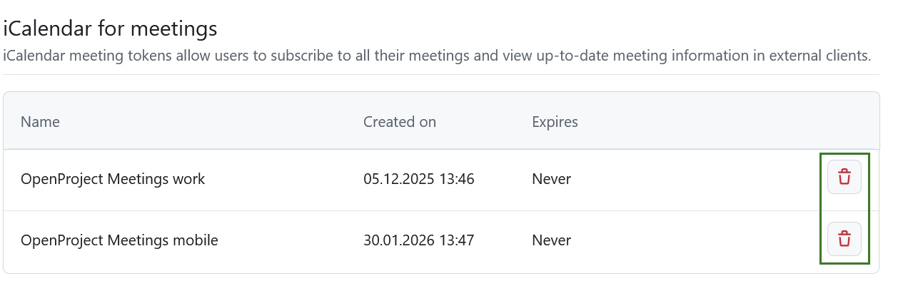 Löschen-Symbol zum Entfernen eines Besprechungs-iCal-Tokens unter OpenProject-Kontoeinstellungen